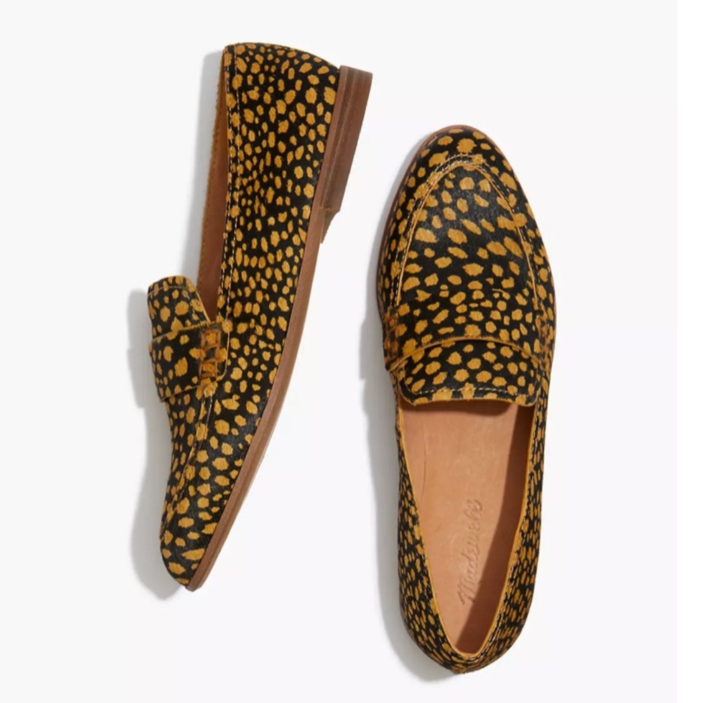 madewell brown & black polka dotted calf hair slip on loafers